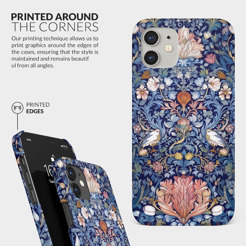 May include: A blue phone case with a floral pattern and two birds. The case is printed around the edges. The text "PRINTED EDGES" is on the case.