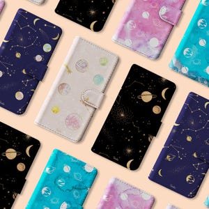 Tirita Brieftasche Leder Flip Handyhülle Himmlische Mond Sterne Universum Planeten für iPhone 16 15 14 13 12 5s SE 6 6s 7 8 Plus Xr Xs Max Samsung