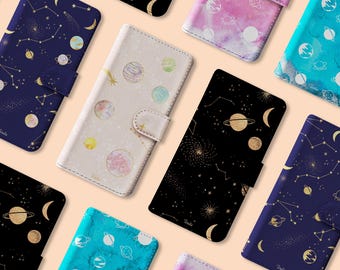 Wallet Flip Phone Case voor iPhone 17 17e 16 16e 15 14 13 12 Pro Max Plus en Samsung S25 S23 S22 Celestial Moon Stars Universe Planets Space