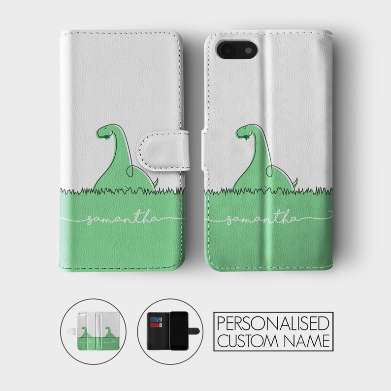 Personalised Initials Custom Wallet Flip Phone Case Kawaii Dinosaurs T-rex Dino Name for iPhone 15 14 13 12 11 5 SE 6s 7 8 Plus Xr Xs Max image 5
