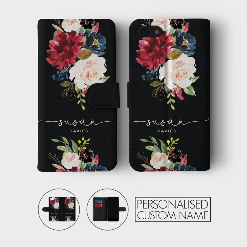 Étui portefeuille personnalisé Tirita, fleurs personnalisées, coeurs dégradés, abeilles, nom monogramme pour iPhone 15 14 13 12 11 8 XR SE Samsung Galaxy image 3