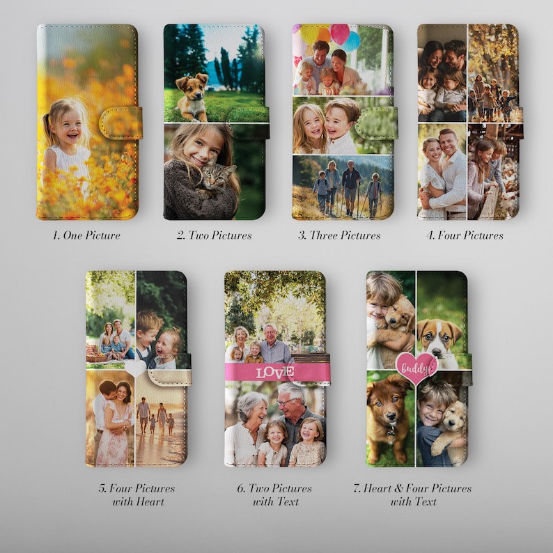 May include: A selection of personalised phone cases, each showcasing a unique design. The cases display various photo arrangements, from single images to collages of up to four pictures. Some cases include text or heart-shaped graphics.