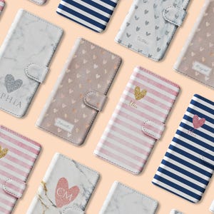 Personalised Initials Custom Wallet Flip Phone Case Polka Hearts Striped Name for iPhone 17 16 15 14 13 12 11 SE Pro Max Samsung S25 S23 S22