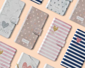 Personalised Initials Custom Wallet Flip Phone Case Polka Hearts Striped Name for iPhone 17 16 15 14 13 12 11 SE Pro Max Samsung S25 S23 S22