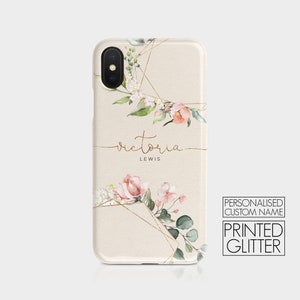 Personalised Custom Hard Phone Case Cream Floral Spring Blossom Shabby Chic Printed Glitter Initials iPhone 12 Samsung Motorola Huawei