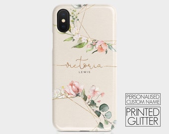 Personalised Custom Hard Phone Case Cream Floral Spring Blossom Shabby Chic Printed Glitter Initials iPhone 12 Samsung Motorola Huawei