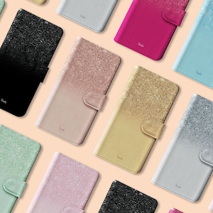Étui portefeuille en cuir pour téléphone portable Tirita, paillettes ombrées, or rose délavé pour iPhone 16 15 14 13 12 11 5 SE 6 8 Plus XS Samsung S20 S10