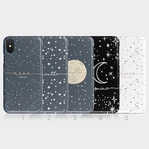 Personalised Initials Custom Hard Phone Case Moon Stars Space Stellar Name for iPhone 15 14 13 12 11 5 SE 6 7&8Xs Xr Samsung Galaxy S20 S10