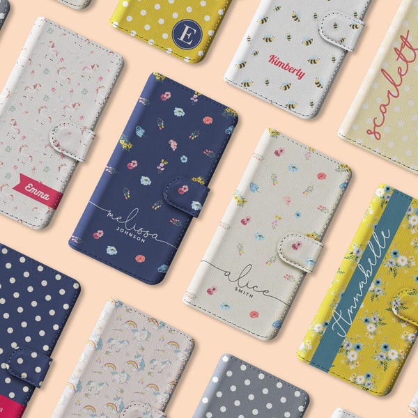 Tirita Personalised Wallet Flip Case Custom Shabby Unicorn Polka Dot Honey Bee Name for iPhone 17 16 15 14 13 12 11 Samsung S25 S23 S22