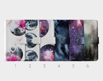 Tirita Portemonnee Leren Flip Telefoonhoes Celestial Moon Stars Universe Gedrukt voor iPhone 16 16e 15 14 13 12 11 Pro Max en Samsung S23 S22 S21