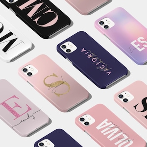 Gepersonaliseerde telefoonhoesje | Aangepaste naam initialen voor iPhone 16 15 14 13 Pro Max SE en Samsung S24 S23 S22 groot fancy lettertype letters tekst monogram
