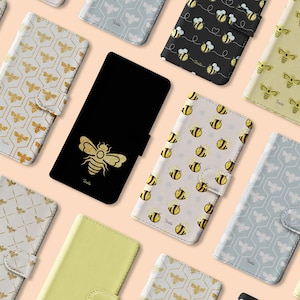 Tirita Wallet Capa de couro com flip para celular Honey Bees Kawaii Honeycomb Bumblebee para iPhone 16 15 14 13 12 SE 11 SE 8 X Xr Xs Max Samsung S20 S10