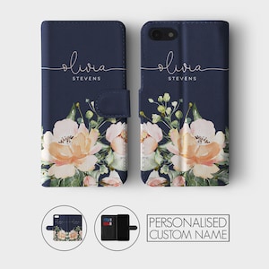 Étui portefeuille personnalisé Tirita, fleurs personnalisées, coeurs dégradés, abeilles, nom monogramme pour iPhone 15 14 13 12 11 8 XR SE Samsung Galaxy 01