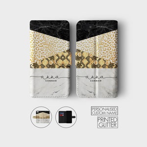 Funda tipo cartera personalizada con iniciales personalizadas, diseño de leopardo, serpiente y mármol, para iPhone 16, 15, 14, 12, 11, 5, SE, 6, 7, 8 Plus, X, Xr, Xs Max.