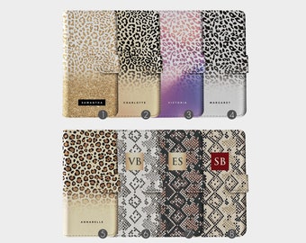 Personalised Initials Custom Wallet Flip Phone Case Animal Leopard Snake Cobra Skin for iPhone 15 14 13 12 11 5 SE 6s 7 8 Plus Xr Xs Max