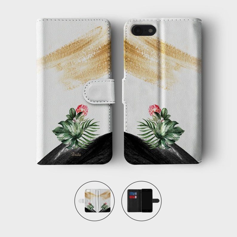 Portefeuille Tirita Étui pour téléphone à rabat en cuir Plantes tropicales Feuilles vertes Fleur de cactus Palmier pour iPhone 15 14 13 12 11 SE 6 6s 7 8 Plus X Xr Xs Max 03