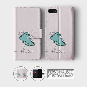 Personalised Initials Custom Wallet Flip Phone Case Kawaii Dinosaurs T-rex Dino Name for iPhone 15 14 13 12 11 5 SE 6s 7 8 Plus Xr Xs Max image 8