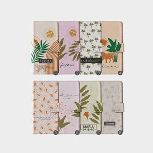 Funda tipo billetera personalizada Tirita con tapa personalizada con diseño retro de palmeras tropicales de verano, hojas de plátano y leopardo para iPhone 15, 14, 13, 12, 11, 8, XR, SE, Samsung Galaxy