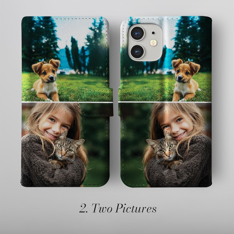 May include: A phone case with two images. The top image shows a puppy on grass, and the bottom image shows a girl holding a cat. The case is a wallet style with a magnetic closure.