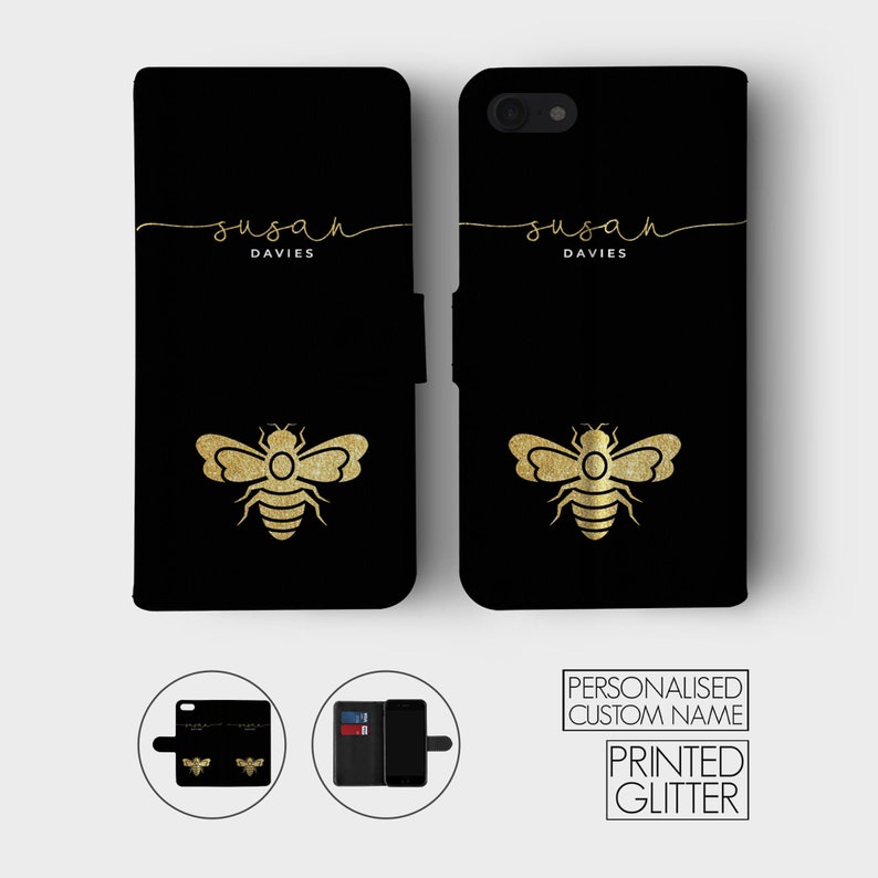 Étui portefeuille personnalisé Tirita, fleurs personnalisées, coeurs dégradés, abeilles, nom monogramme pour iPhone 15 14 13 12 11 8 XR SE Samsung Galaxy 08