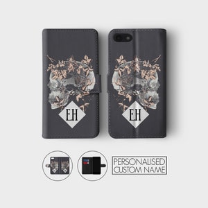 Personalised Initials Custom Wallet Leather Phone Case Rock Ghotic Skulls Rose Dead for iPhone 15 14 13 12 11 5 SE 6 6s 7 8 Plus X Xr Xs Max