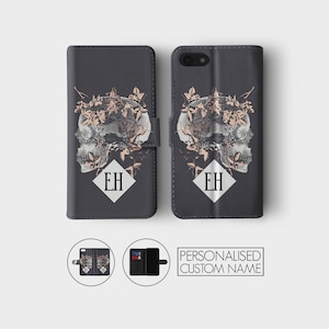 Funda de cuero para teléfono con iniciales personalizadas, billetera personalizada, calaveras góticas de rock, rosas y muertos para iPhone 15, 14, 13, 12, 11, 5, SE, 6, 6s, 7, 8 Plus, X, Xr, Xs Max