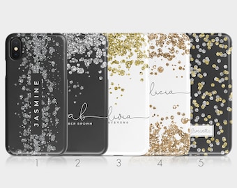 Personalised Initials Custom Hard Phone Case Glitter Dots Confetti Rain Silver for iPhone 14 13 12 11 Xs 5s 8 SE 6s Samsung Galaxy S20 S10