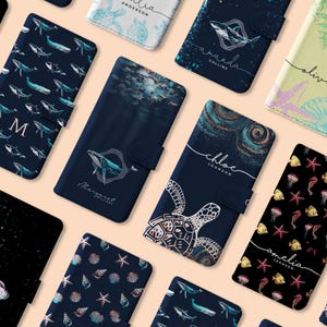 Étui portefeuille personnalisé Tirita, personnalisé animaux marins, baleine, tortue, requin, étoiles de mer, pour iPhone 16 15 14 13 12 11 SE Samsung Galaxy S20 S10
