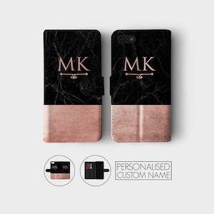 Capa de couro personalizada com iniciais personalizadas, capa de celular preta, mármore, ouro rosa, colagem para iPhone 16, 15, 14, 13, 12, 11 SE XS, Samsung S23 S22