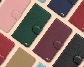 Personalised Wallet Phone Case Gold Embossed Initials | iPhone 17 16 15 14 13 12 11 SE | Vegan Leather Monogram Case Gift for Her or Him