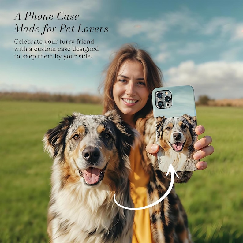 May include: A phone case featuring a custom design of a dog, held by a person. The case is light blue and the dog has brown, black, and white fur. The text on the image reads "A Phone Case Made for Pet Lovers."
