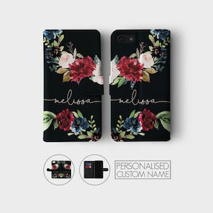 Étui portefeuille personnalisé en cuir avec initiales personnalisées, monogramme floral doré, printemps pour iPhone 15 14 13 12 5 5s SE 6 6s 7 8 Plus X Xr Xs Max