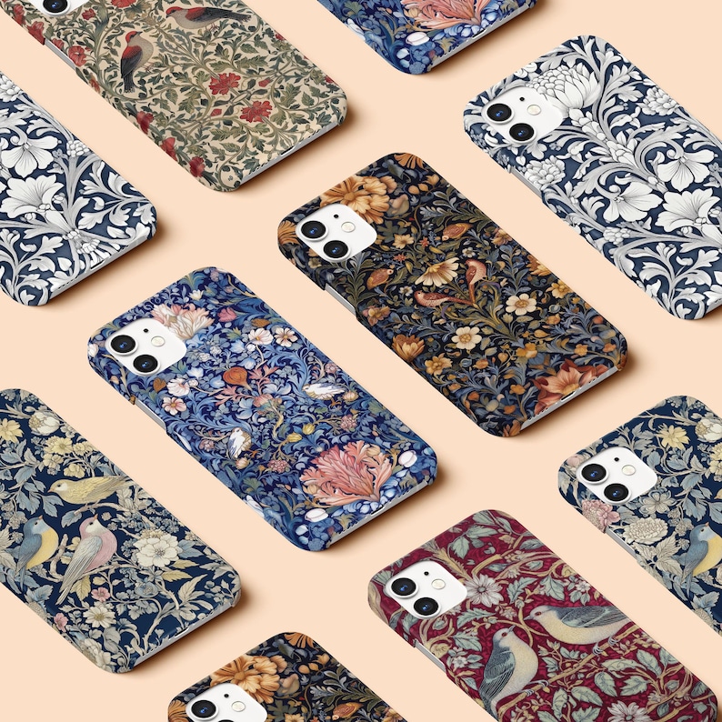 May include: Assortment of phone cases featuring various floral and bird patterns. The cases are in shades of blue, green, red, and white. The patterns are intricate and detailed, with a vintage aesthetic.