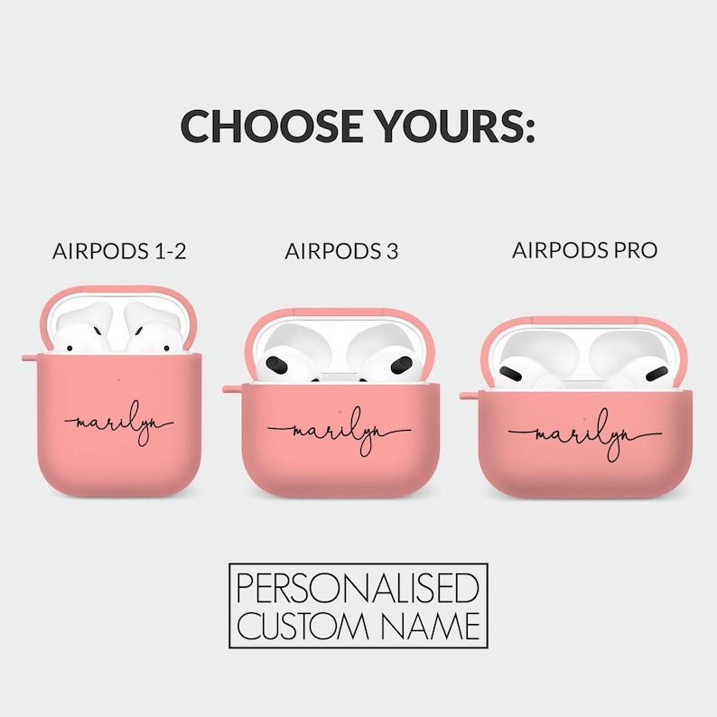 May include: Three pink Airpods cases with a personalized name, "marilyn", printed on the front. The cases are for Airpods 1-2, Airpods 3, and Airpods Pro.