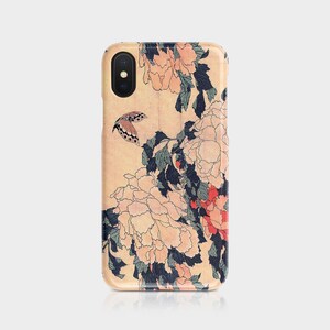 May include: A phone case featuring a floral design with a butterfly. The artwork includes large, light pink flowers, green leaves, and a butterfly with detailed wing patterns. The background is a light beige.
