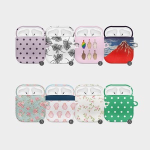 May include: Ten different AirPod cases with various designs. The cases are all white with a clear plastic window showing the AirPods inside. The designs include polka dots, floral patterns, a mountain range, and a seashell pattern.