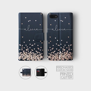 Capa de couro personalizada com iniciais personalizadas, capa de telefone com corações em ouro rosa, folha de chuva para iPhone 16, 15, 14, 13, 12, 11 XR, 7, 8 SE, Samsung Galaxy