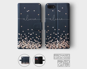 Étui portefeuille personnalisé en cuir avec initiales personnalisées, coque de téléphone en cuir, coeurs or rose, feuille de pluie pour iPhone 15 14 13 12 11 XR 7 8 SE Samsung Galaxy