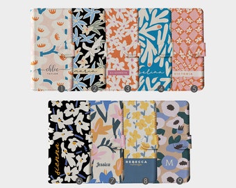 Étui portefeuille personnalisé Tirita à rabat floral personnalisé fleurs rétro modernes pour iPhone 15 14 13 12 11 8 XR SE Samsung Galaxy S20 S10 S9