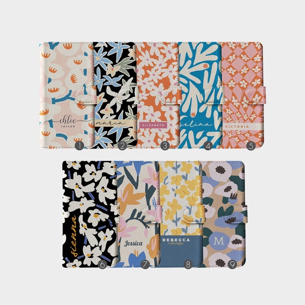 Étui portefeuille personnalisé Tirita à rabat floral personnalisé fleurs rétro modernes pour iPhone 15 14 13 12 11 8 XR SE Samsung Galaxy S20 S10 S9