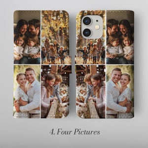 May include: A brown leather phone case displaying four family photographs. The case has a magnetic clasp and a camera aperture. The text "4. Four Pictures" is at the bottom.