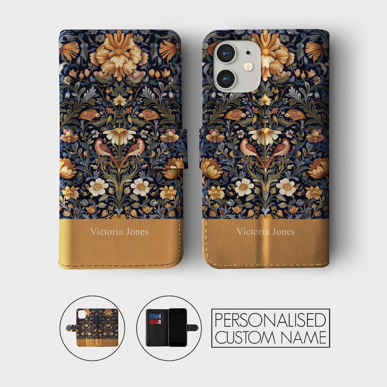 May include: A personalized phone case with a floral pattern in shades of blue, yellow, and red. The case has a flap that folds over the screen to protect it. The case is made of leather and has a gold-colored trim. The text "Victoria Jones" is printed on the case.