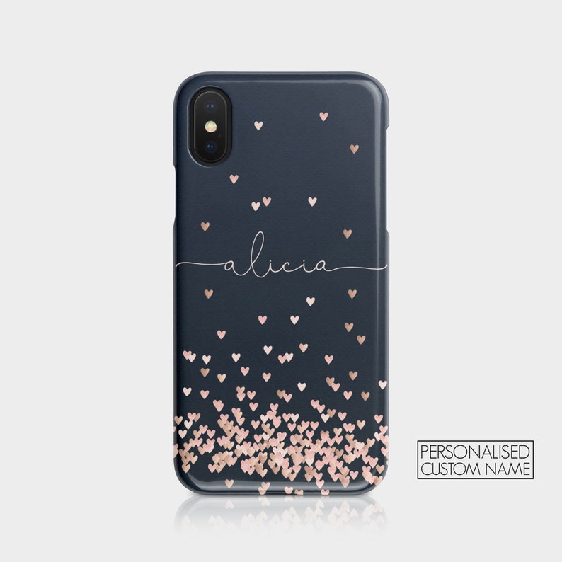 Initiales personnalisées coque de téléphone rigide personnalisée pois coeur or rose monogramme pour iPhone 15 14 13 12 5 SE 6 6s 8 Xs Xr Samsung S20 S10 01