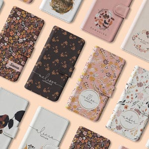 Funda tipo billetera personalizada Tirita con tapa y diseño de hojas otoñales, ramas y flores para iPhone 16, 15, 14, 13, 12, 11, 8, Xs, SE, Samsung Galaxy S23, S22