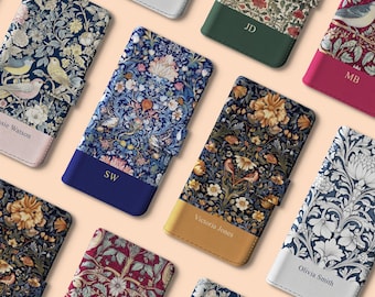 William Morris gepersonaliseerde telefoonhoesje portemonnee flip cover, iPhone 17, iPhone 16 Pro, iPhone 16 15 14 13, Samsung telefoonhoesje S25 S23 bloemen