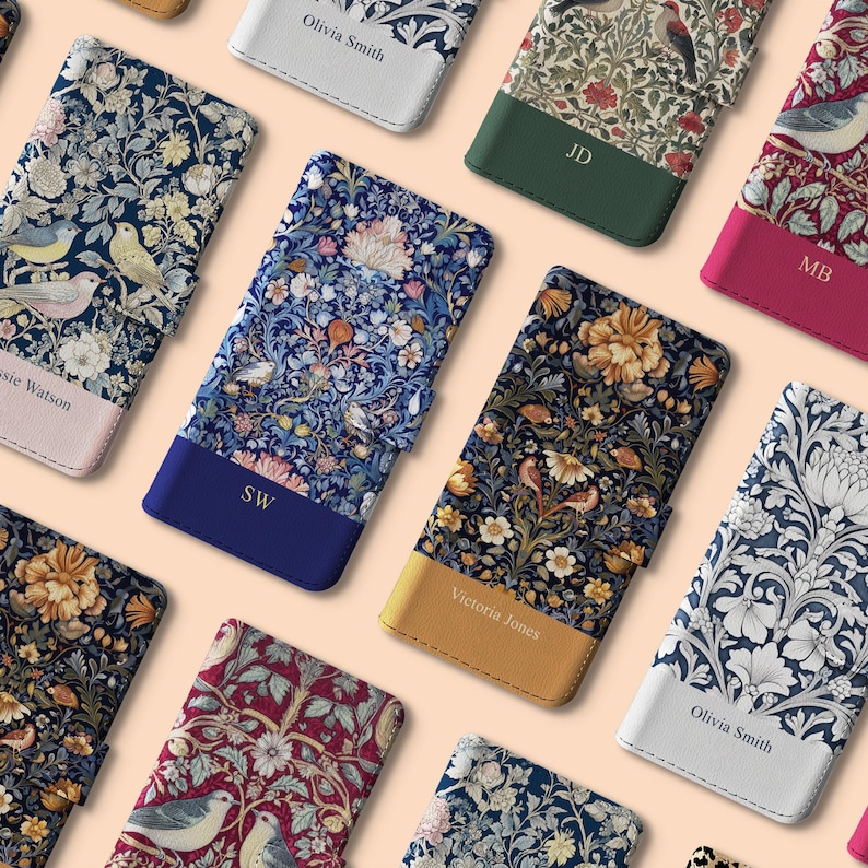 May include: Assortment of phone cases with floral patterns and personalized names. The cases are in various colors, including blue, green, red, and white. The names on the cases include Olivia Smith, JD, MB, Jessie Watson, SW, and Victoria Jones.