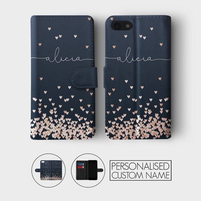 Étui portefeuille personnalisé Tirita, fleurs personnalisées, coeurs dégradés, abeilles, nom monogramme pour iPhone 15 14 13 12 11 8 XR SE Samsung Galaxy 06