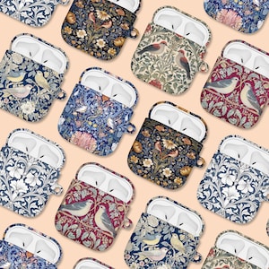 Hoesje voor AirPods 3 2 1 en AirPods Pro Harde hoes met clip Sleutelhanger Sleutelhanger Airpod Cover William Morris Vintage bloemen vogels Art Print