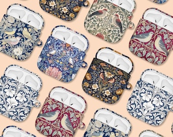 Case for AirPods 4 3 2 & AirPods Pro 3 2 1 Hard Cover with Clip Keychain Keyring Airpod Cover William Morris Vintage Floral Birds Art Print