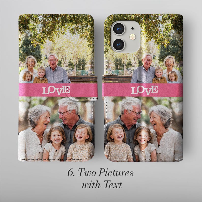 May include: A personalised phone case displaying two family photographs. The case is a wallet style with a pink band that says "LOVE" in white. The case has a leather-like texture and is designed to hold a phone.